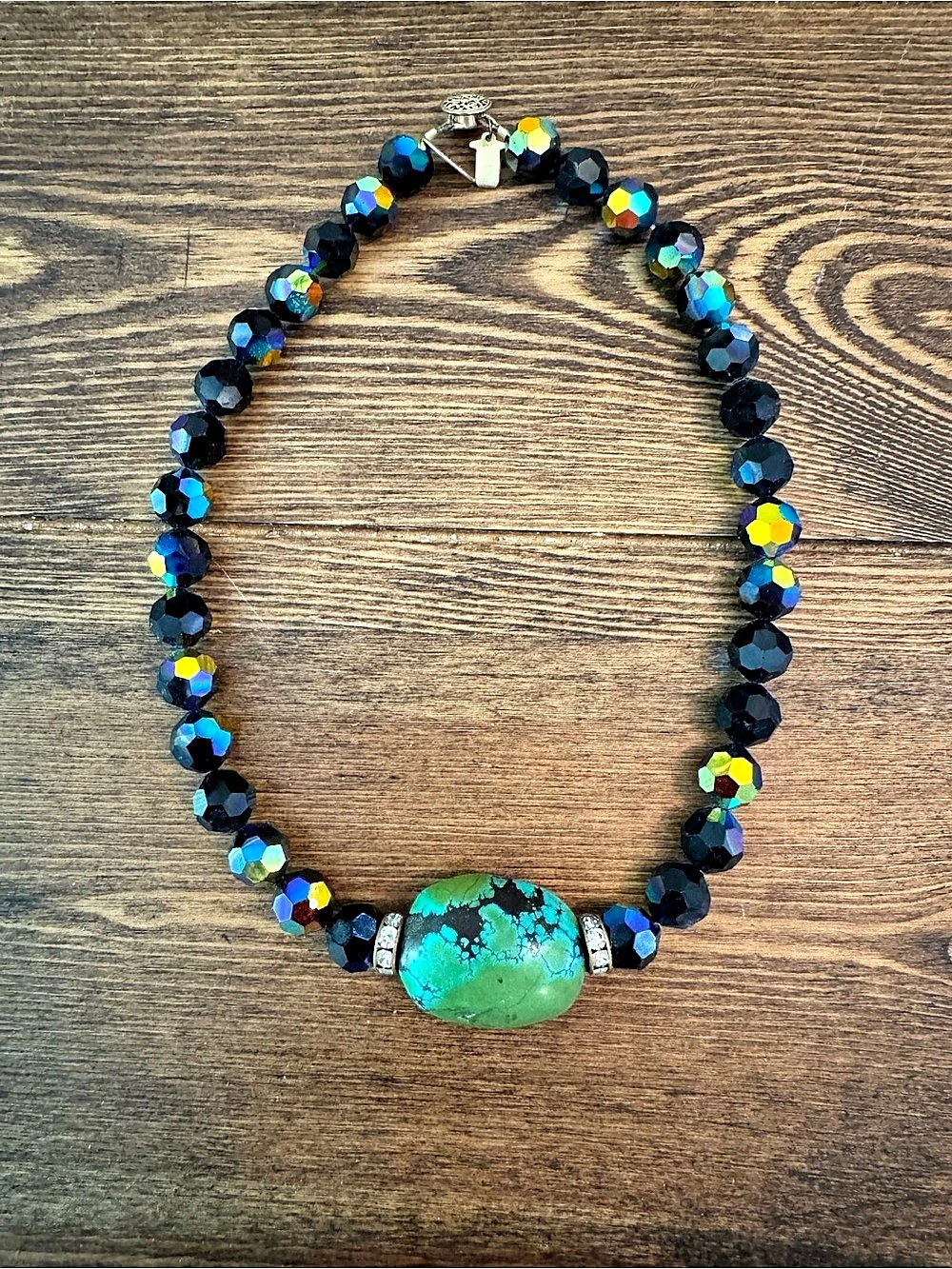 Rachel Abroms Black Iridescent and Swarovski Crystal and Turquoise necklace like